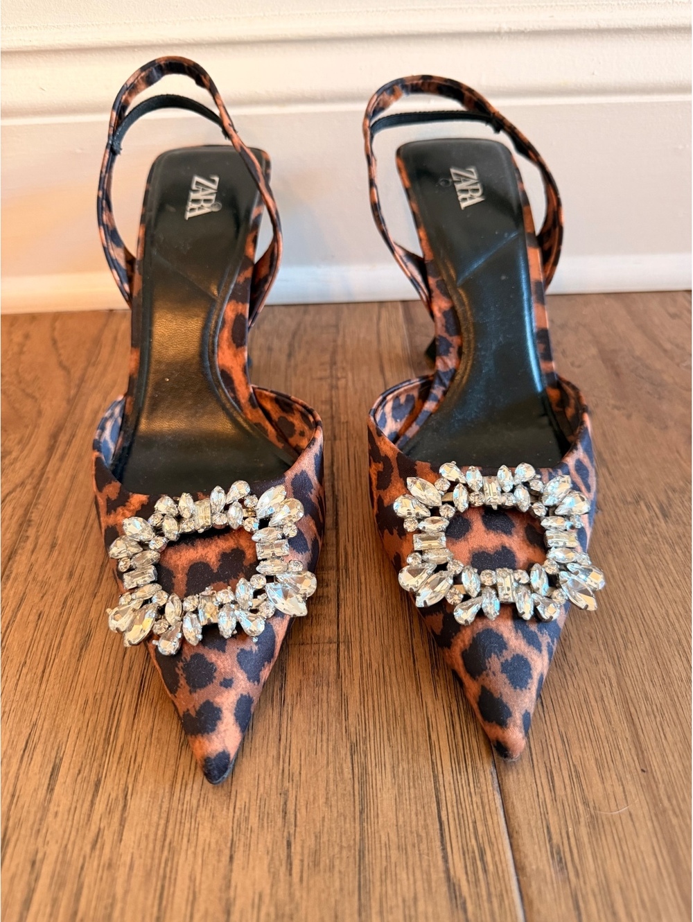 Zara Leopard Print Slingback Heels with Crystal Buckle